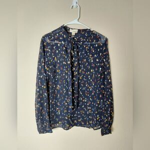 THE KORNER Long Sleeve Sheer Blouse TIE AT NECK BUTTON Gold Metallic Detail